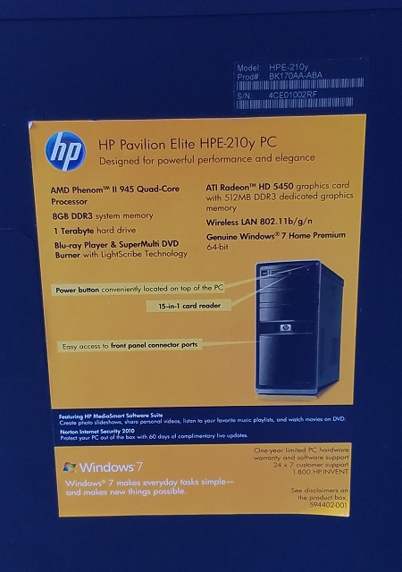 The sticker on the side of the HP desktop.