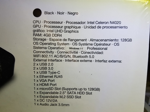 The specs of the machine.