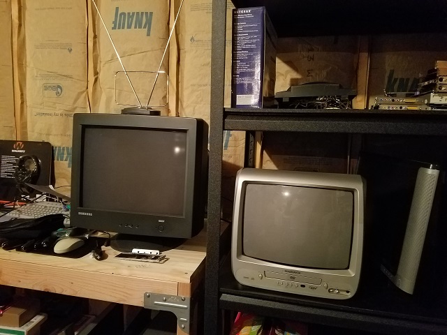 The entire basement setup, with the 2 CRTs.